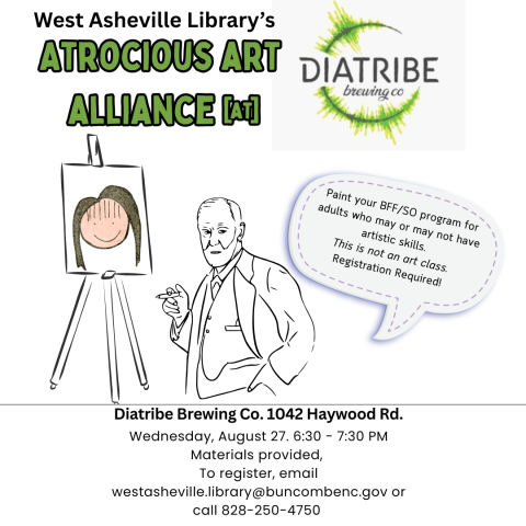 Atrocious Art Alliance information, green and black lettering with Diatribe Brewing logo