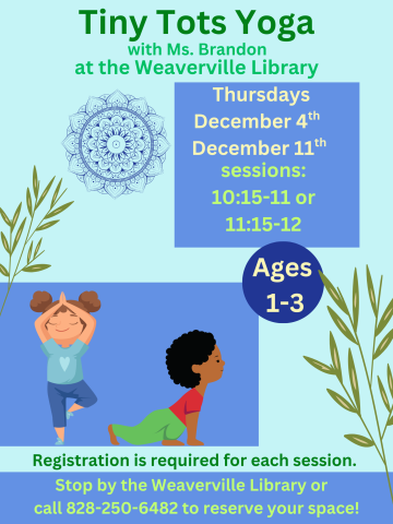Blue background, two small illustrated children doing yoga. Date, time, age range, and registration details included on flyer.