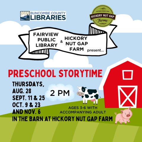 Barn and banner advertising Storytime at Hickory Nut Gap Farm