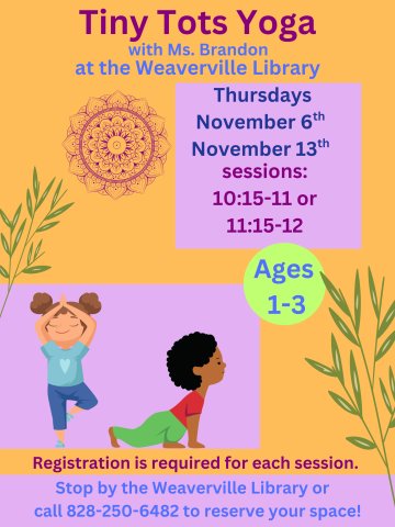 Orange background, two small illustrated children doing yoga. Date, time, age range, and registration details included on flyer.