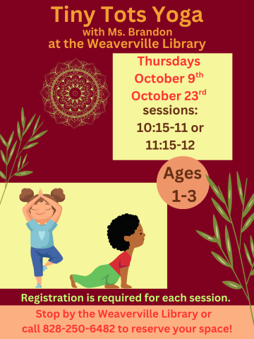 Burgundy background, two small illustrated children doing yoga. Date, time, age range, and registration details included on flyer.