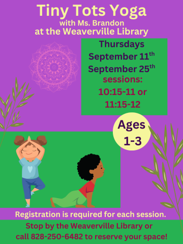 Purple background, two small illustrated children doing yoga. Date, time, age range, and registration details included on flyer.