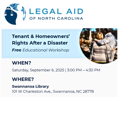 Legal Aid logo, image of a couple looking at their destroyed home. 