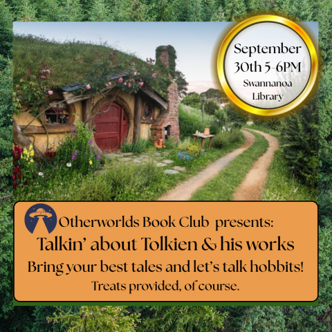 Image of a hobbit house with a road beside it. A golden ring surrounds the date and time of the event and it's location.