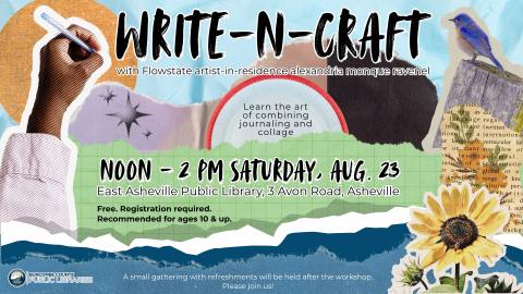 A collage image with torn paper representing mountains, grass, and a stream, with a blue paper background. A cutout of a brown hand holding a pen borders the left side of the image, and cut-out images of flowers and a bird on a tree stump border the right side.