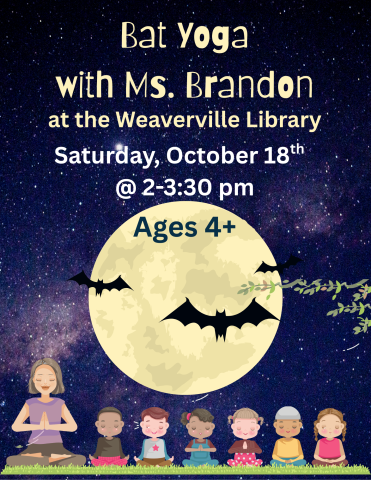  Starry night sky background, text in yellow/white describing program details, illustrations of full moon, bats, and children meditating.