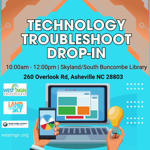 Flyer for Technology Troubleshooting Drop-ins.  Depicts a computer and dates for the events on a turquoise background.