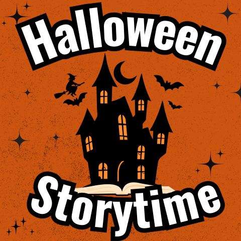 Black haunted house against an orange background with a witch flying above. 