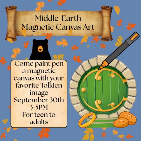 Beorn the bear and a hobbit door with the One Ring and a pile of potatoes against a background of blue and scattered fall leaves