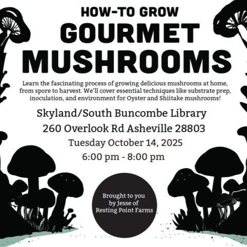 Black and white flyer with mushroom illustrations, saying "how to grow gourmet mushrooms" with information about the date and time.
