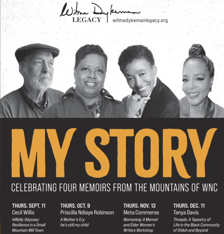 B&W Head and shoulders photo of 4 people, with text "My Story" and other info included in the text of this calendar entry.