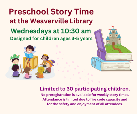 Beige background with text in red, green, and purple sharing details about weekly preschool story times. Illustrations of children sitting in a circle for story time and a stack of books with open book on top revealing a path to a castle.