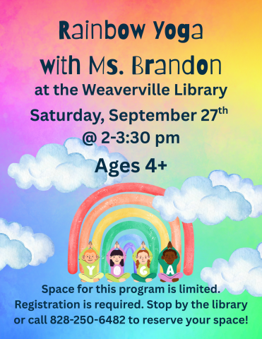 Faded rainbow background with illustrated rainbow, clouds, and small children practicing yoga. Includes date/time and registration details for event.