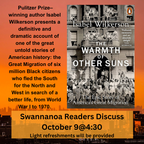 Image of the book with the words "In this beautifully written masterwork, Pulitzer Prize–winning author Isabel Wilkerson presents a definitive and dramatic account of one of the great untold stories of American history: the Great Migration of six million Black citizens who fled the South for the North and West in search of a better life, from World War I to 1970." against a burnt orange background