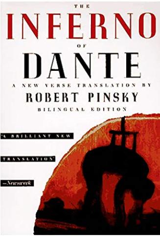 A shadow male form is impaled on a pitchfork in the lower right hand of the cover. A semicircle of red and orange background is behind him. The rest of the cover is white with title & translation information listed.