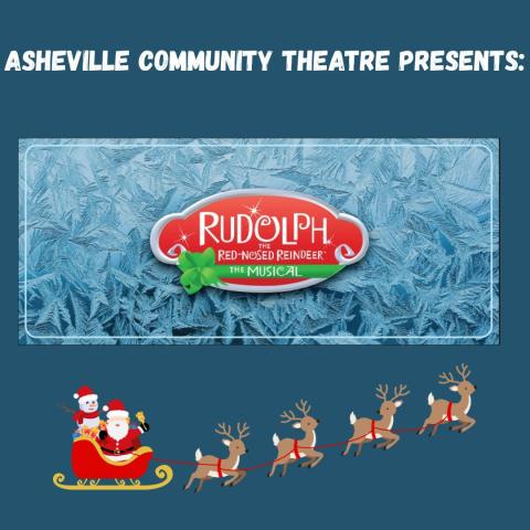 logo for Rudolph the Red-Nosed Reindeer Production & santa with sleigh