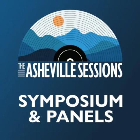 Asheville Sessions Symposium and Panels logo, featuring a blue mountain landscape illustration superimposed on a vinyl record half-circle
