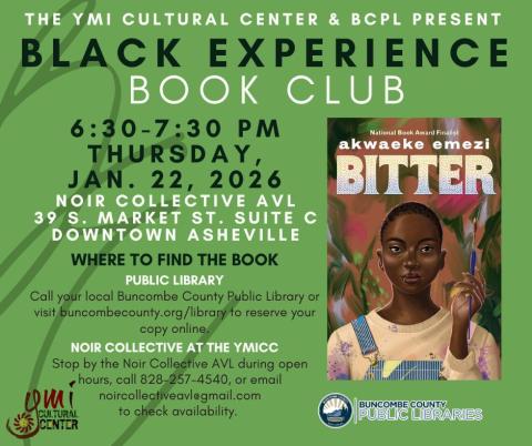 Cover of the book Bitter against a green background. The cover features a young woman with dark brown skin and close-cropped hair holding a paintbrush. She is wearing a white shirt and blue striped overalls. Behind her are abstract paintbrush marks in dark green and pink.