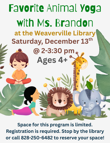 White background with jungle animal and plant illustrations as well as illustrations of children doing yoga. Details of program in green, yellow, brown, and gray text. 