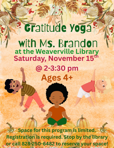 Orange background with harvest images and illustrations of children doing yoga. Details about the event in red and green text.