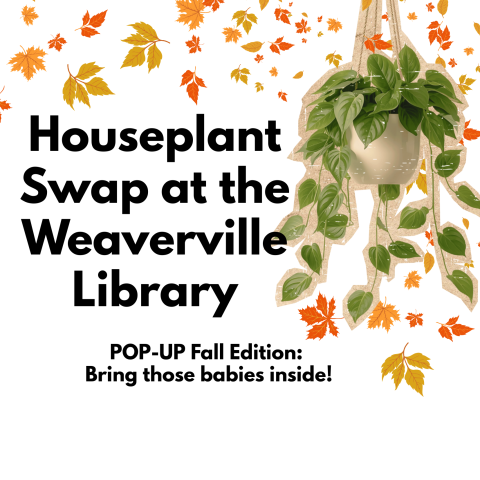 Orange and yellow leaves appear to blow in from the background, swirling around a healthy green hanging houseplant which hangs from the top right corner. Text mid page announces, "Houseplant Swap at the Weaverville Library"
