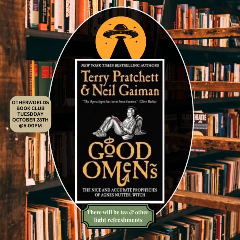 Bookshelves in the background, image of book "Good Omens" and logo of OtherWorlds Book Club in the middle