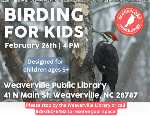 Close up photograph of a woodpecker on a tree in a snowy forest. Program information in white text.