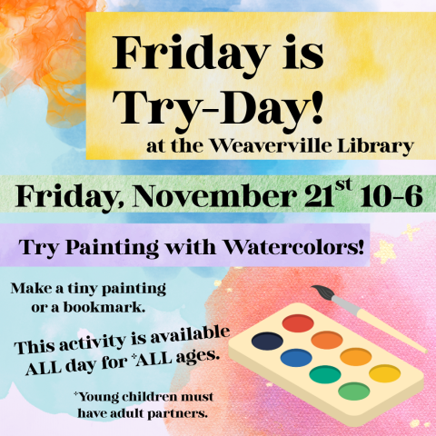 A watercolor palette and paintbrush sit at an angle on the bottom right corner. Background is a wash of different watercolors in rainbow colors behind the event text. 