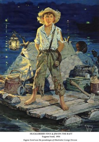Image of a boy in ragged pants, shirt and straw hat standing on a raft. It is night and to his left you can see the side of Jim's face