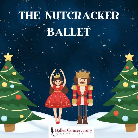 Ballerina and nutcracker on snow with trees