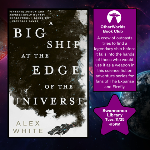 Image of book cover black and white with information on where and when in magenta