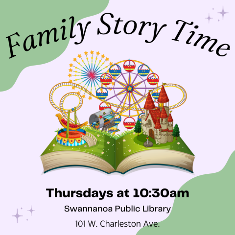 A cartoon image of a castle and fairgrounds emerging from an open book.