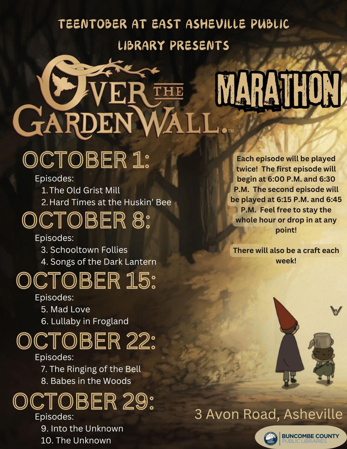 Flyer in sepia tones with a gradient of light to dark from right to left with a forest.  The main characters of Over the Garden Wall are walking towards the light.