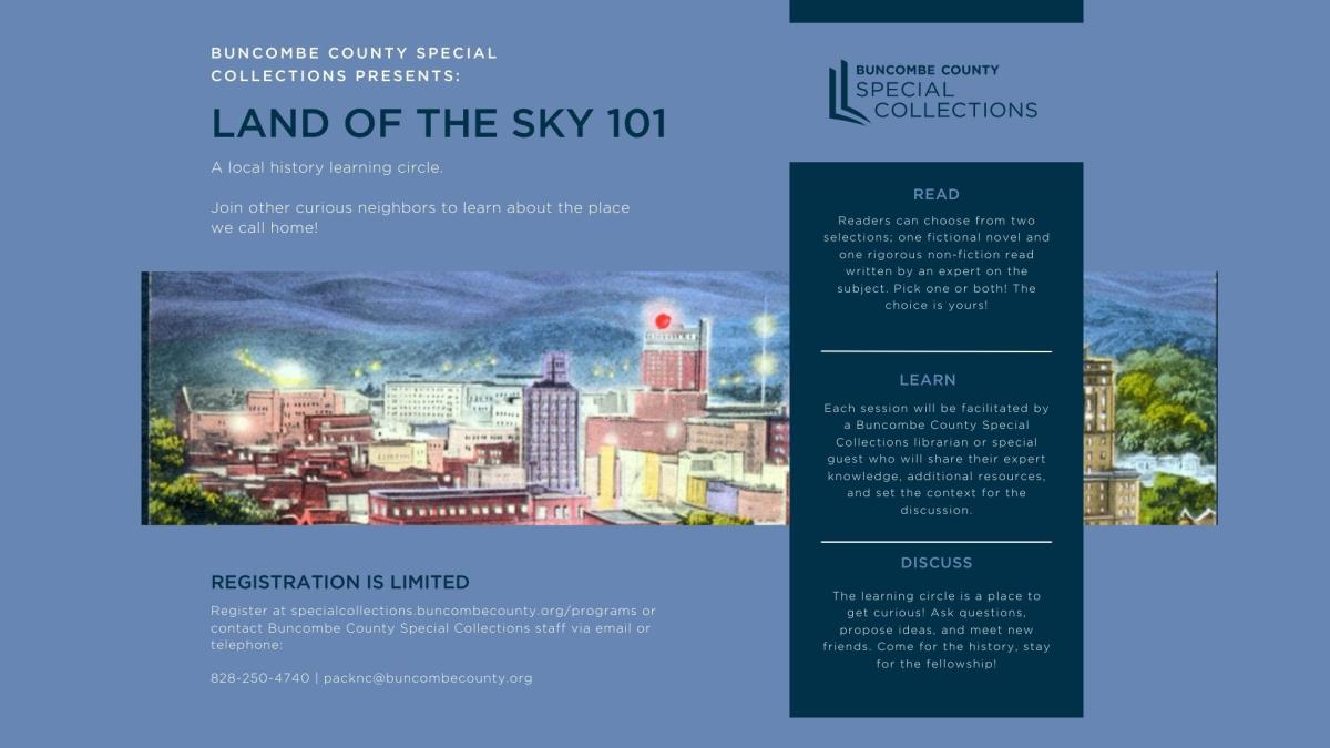 Night time skyline image of downtown Asheville with the title Land of the Sky 101 book club