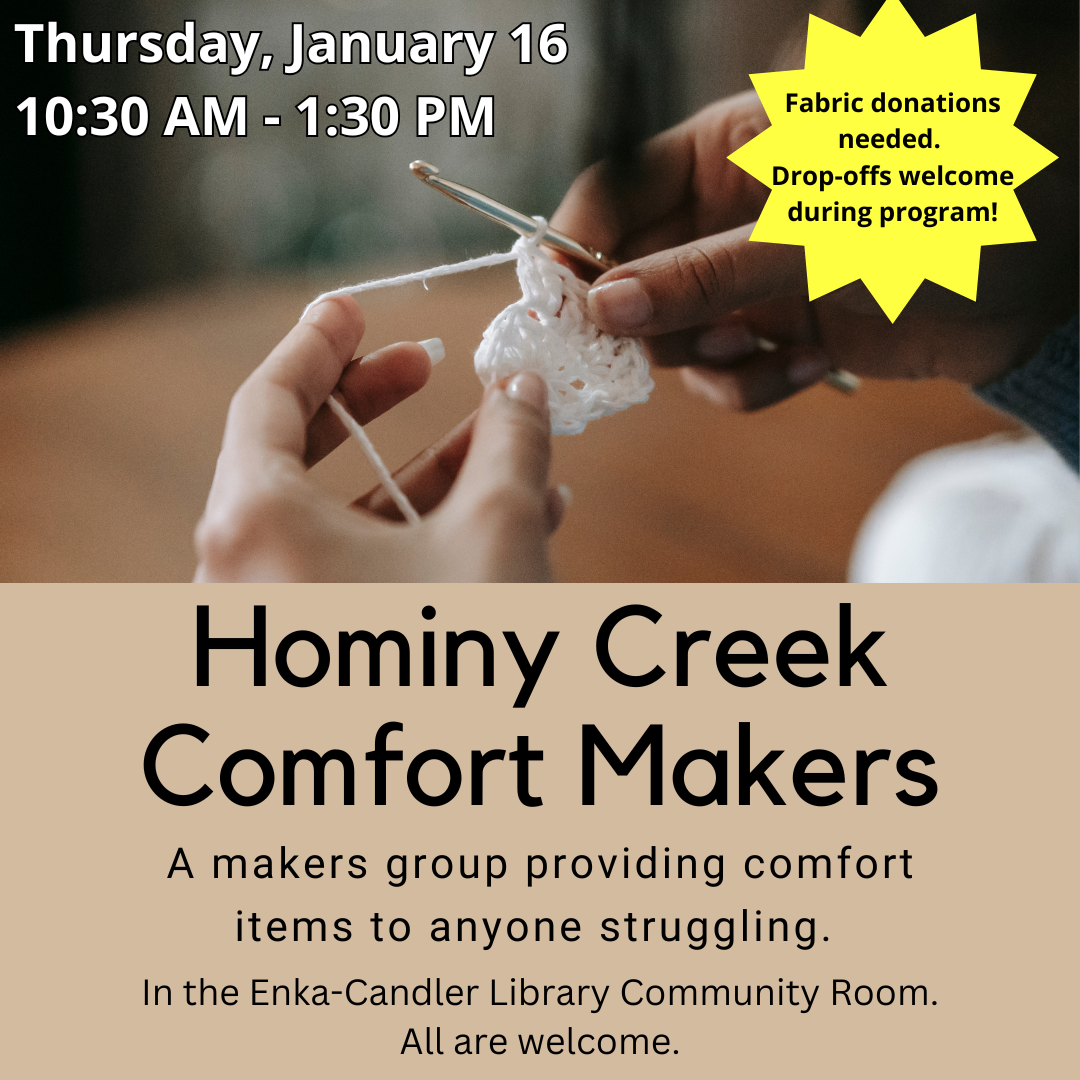 Hands knitting with white yarn and script stating Hominy Creek Comfort Makers