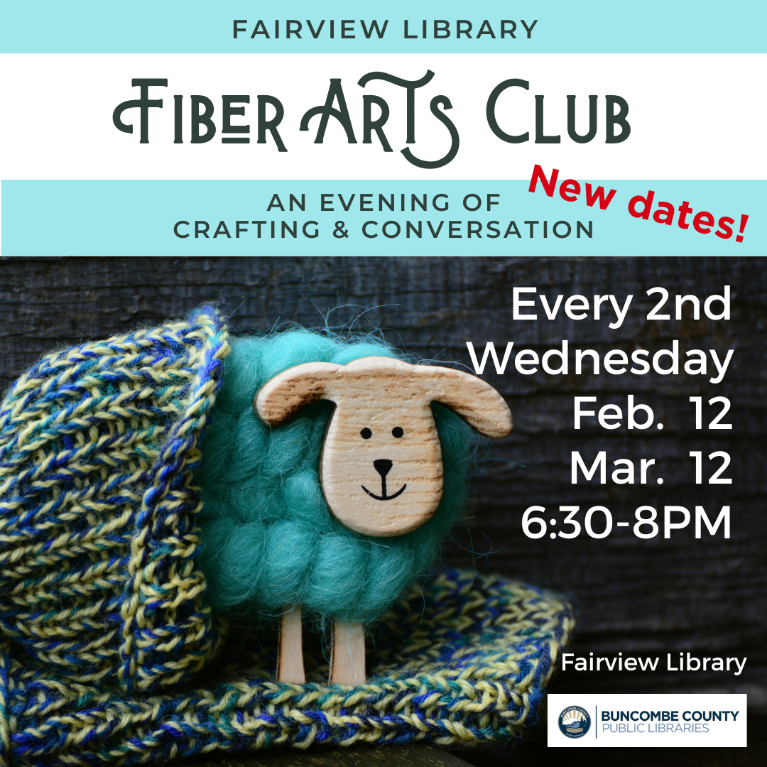 Knitted items advertising Fiber Arts Club meeting