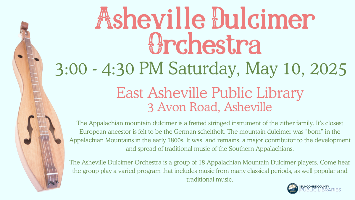 Asheville Dulcimer Orchestra event flyer, May 10, 2025 3pm-4:30pm