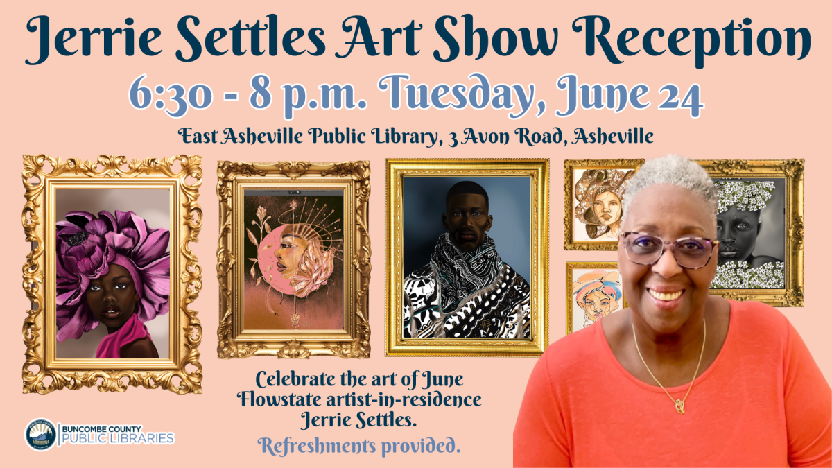 Artist Jerrie Settles stands in front of several framed examples of her paintings.