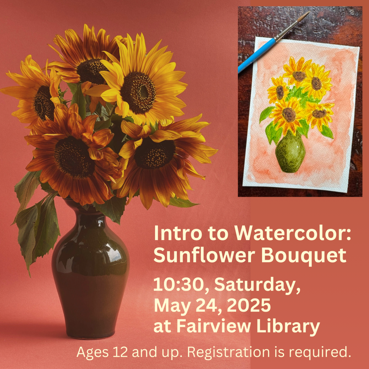 Sunflowers in a vase and an inset of a watercolor painting of the flowers and vase