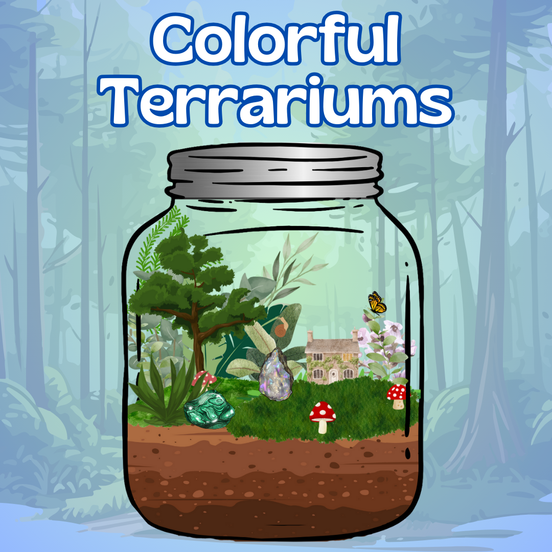A picture of a terrarium jar filled with plants, superimposed over the image of a forest.