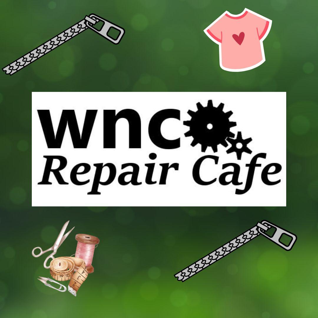 WNC Repair Cafe logo- with sewing supplies and clothing