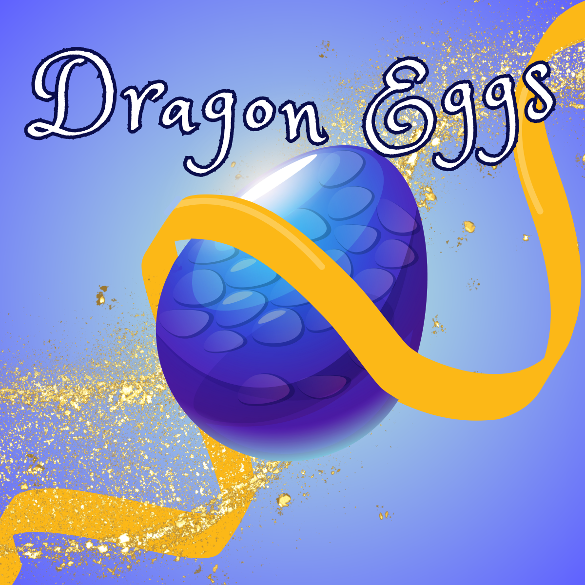 Stylized blue dragon egg over a blue and gold background. 