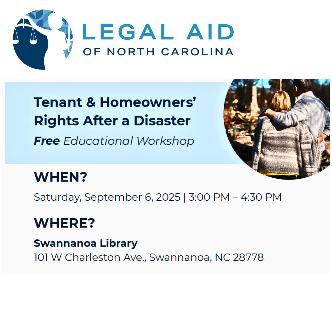 Legal Aid logo, image of a couple looking at their destroyed home. 