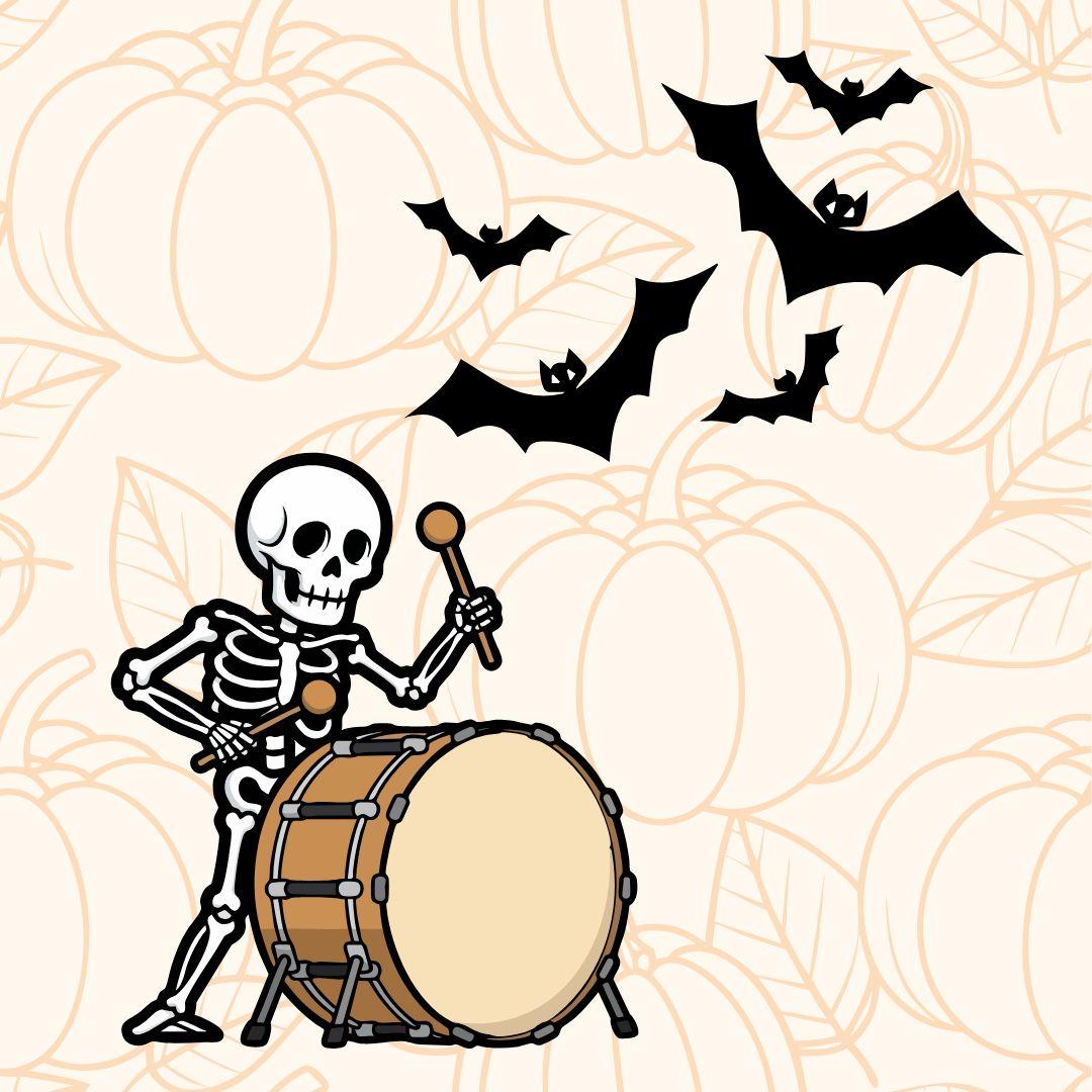 drumming skeleton with flying bats
