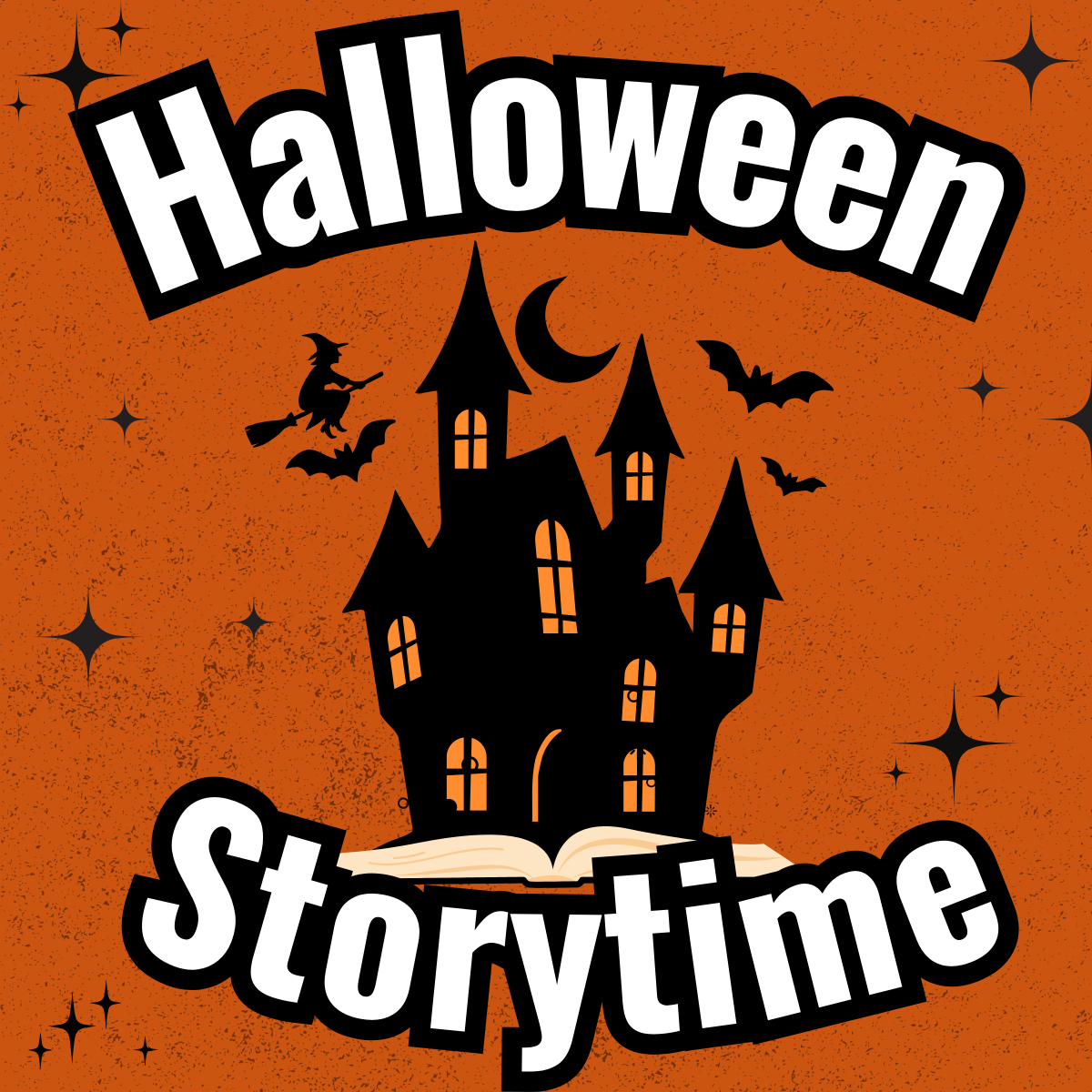 Black haunted house against an orange background with a witch flying above. 