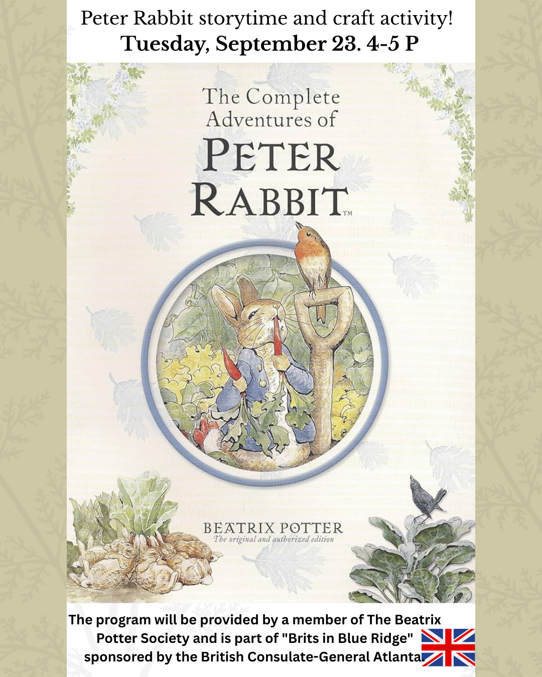 Peter Rabbit Storytime event flyer with date and time