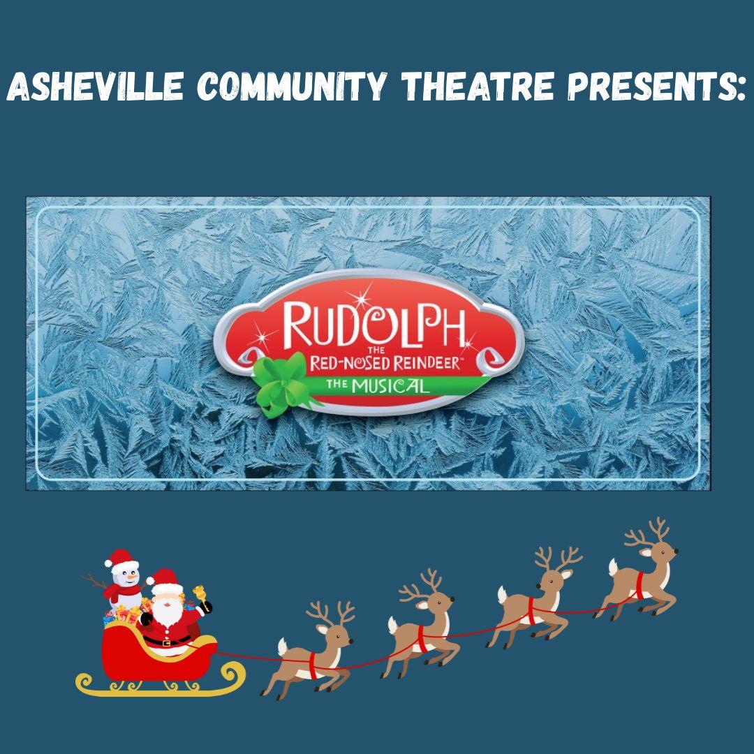 logo for Rudolph the Red-Nosed Reindeer Production & santa with sleigh