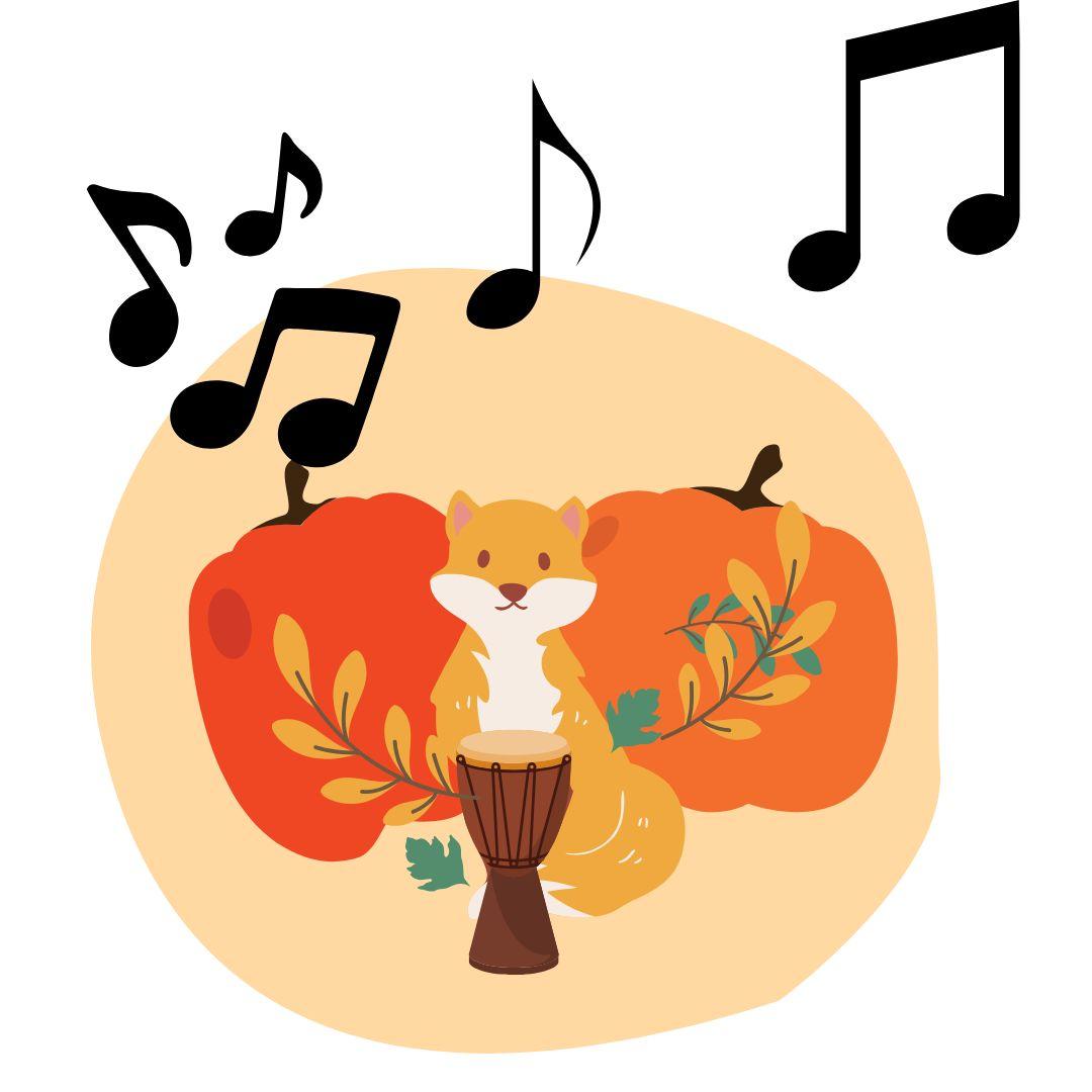 Squirrel drumming with pumpkins in background 
