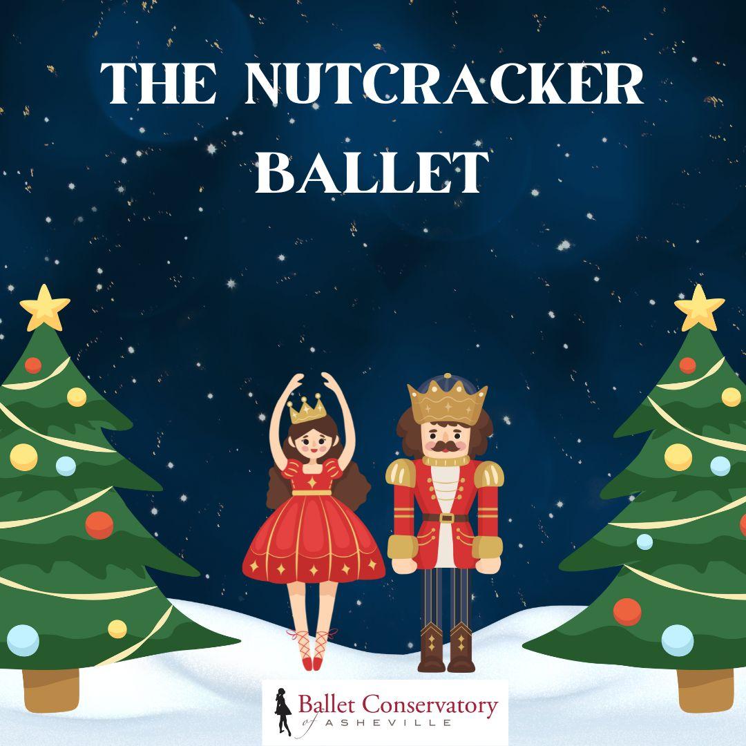 Ballerina and nutcracker on snow with trees