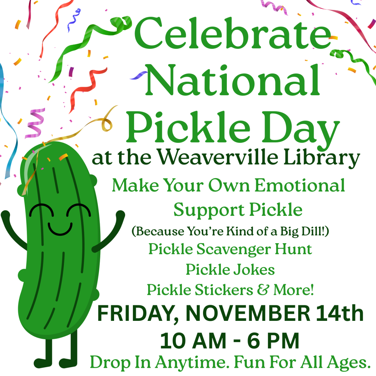 Cartoon Pickle smiles and cheers while confetti falls in the background!